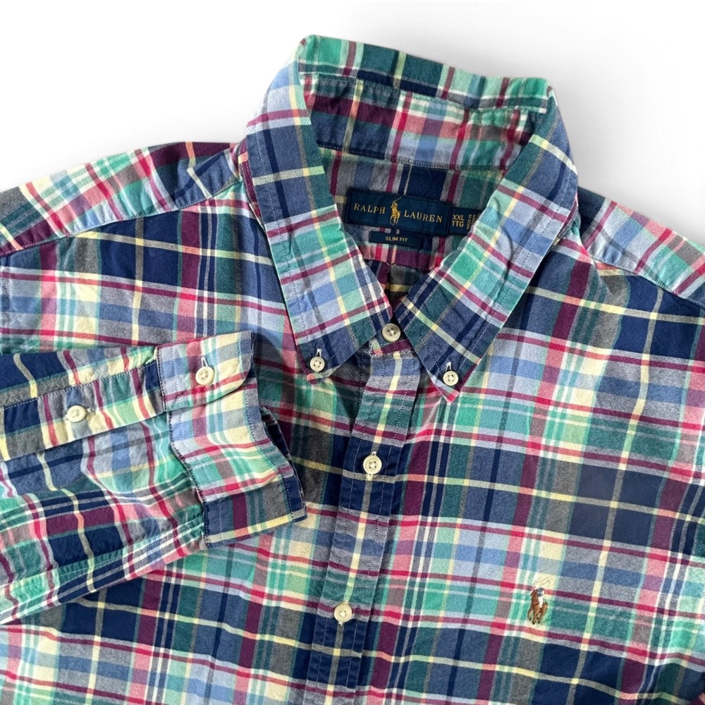 Polo Ralph Lauren Shirt Mens XXL Slim Fit Multicolor Madras Plaid Cotton Pony